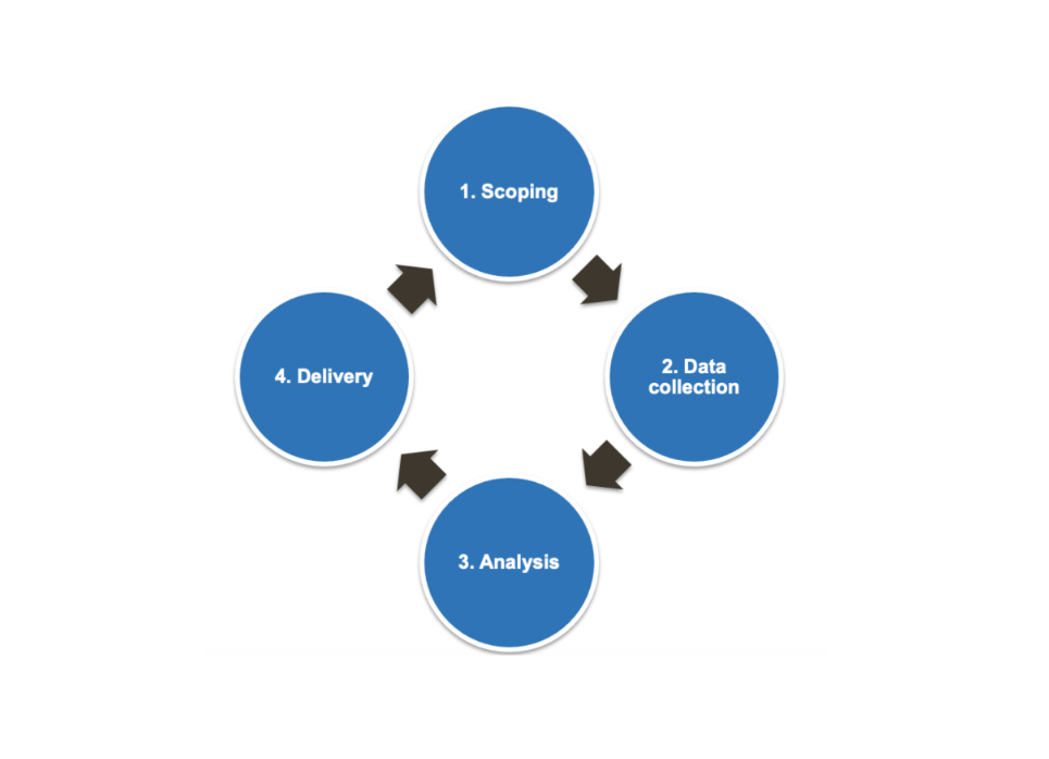 Scoping, Data collection, Analysis, Delivery Market Intelligence Cycle